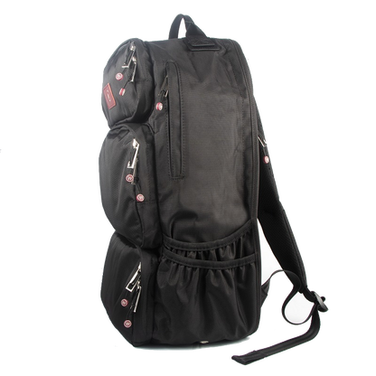 Black multi-pocket backpack with side and front zip compartments.