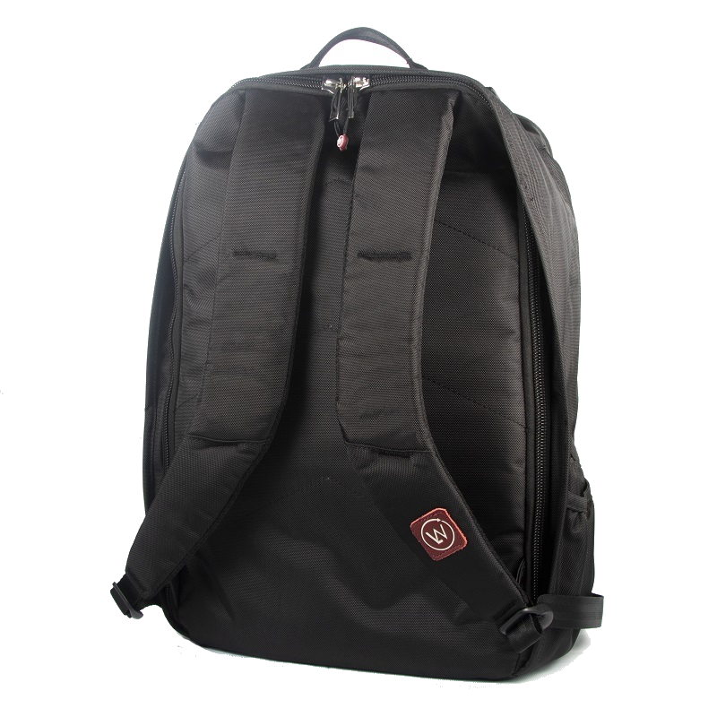 Back view of black backpack with padded straps and top handle.