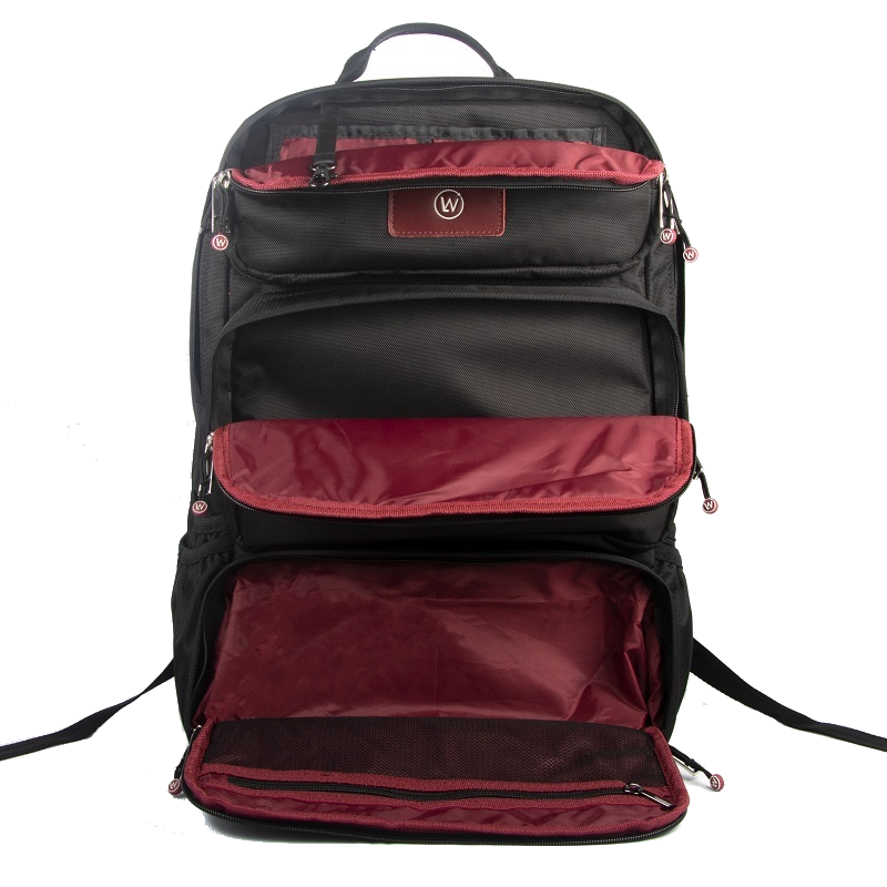 Black backpack with red interior and multiple zip compartments.