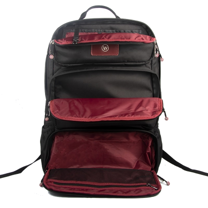 Black backpack with red interior and multiple zip compartments.