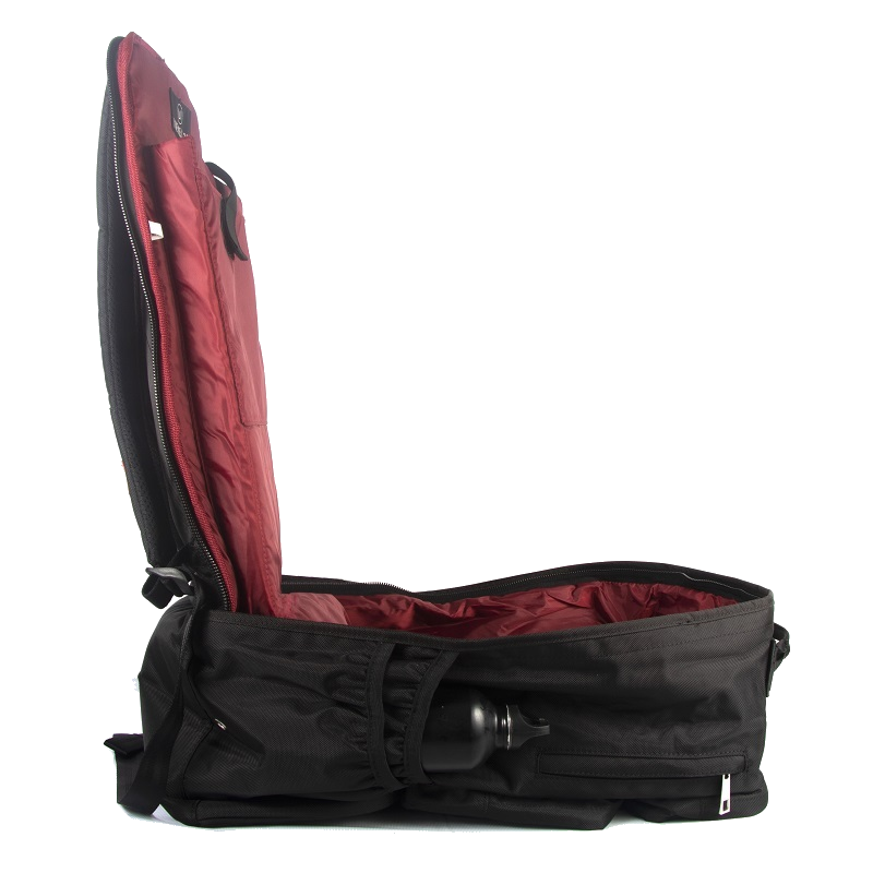 Open black backpack with red padded interior and water bottle holder.
