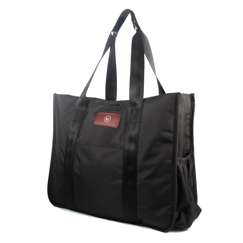 Black tote bag with dual handles and side pocket.