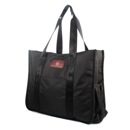 Black tote bag with dual handles and side pocket.