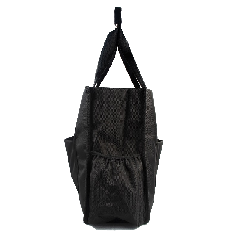 Black tote bag with side pockets and double handles