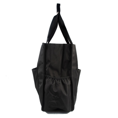 Black tote bag with side pockets and double handles