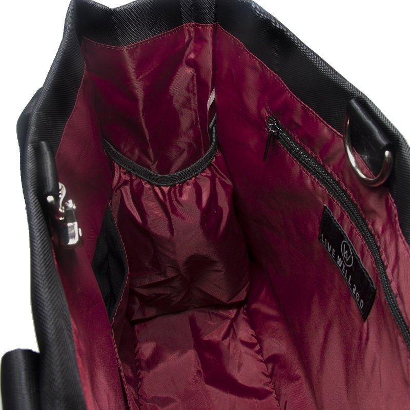 Black bag interior with burgundy lining, pockets and a zipper.