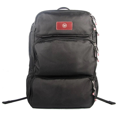 Black backpack with multiple zippered compartments and red logo patch.