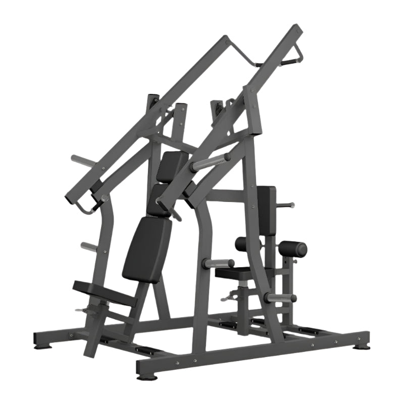 Plate loaded shoulder press machine with black padding, ideal for gym workouts.