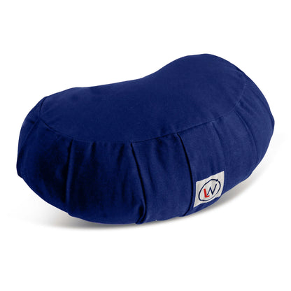Blue round pouf cushion with white logo patch.