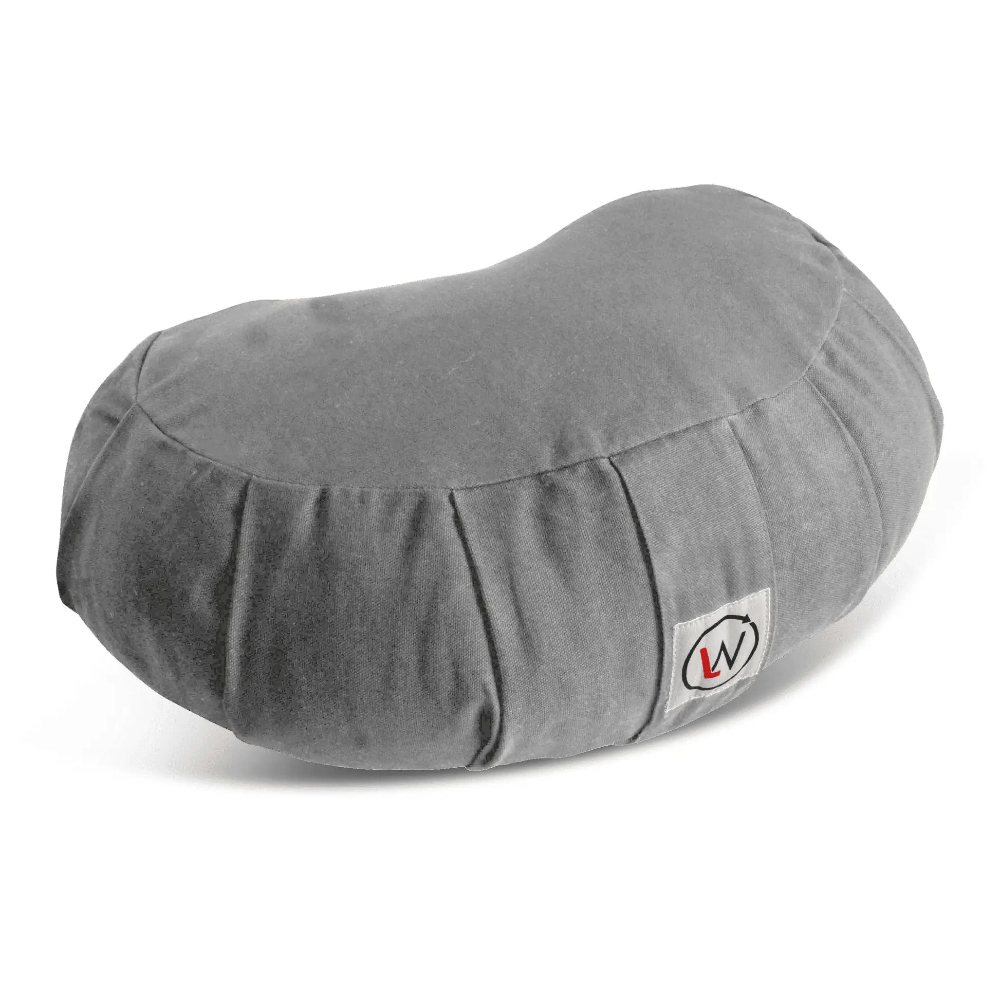 Gray circular floor cushion with pleated sides and a small logo tag.