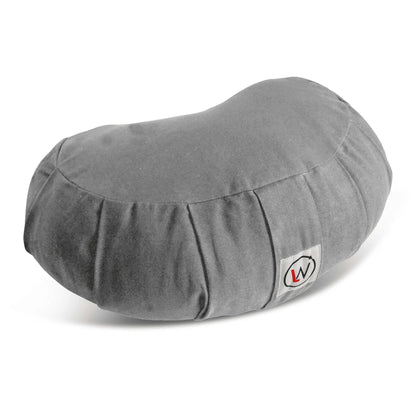 Gray circular floor cushion with pleated sides and a small logo tag.