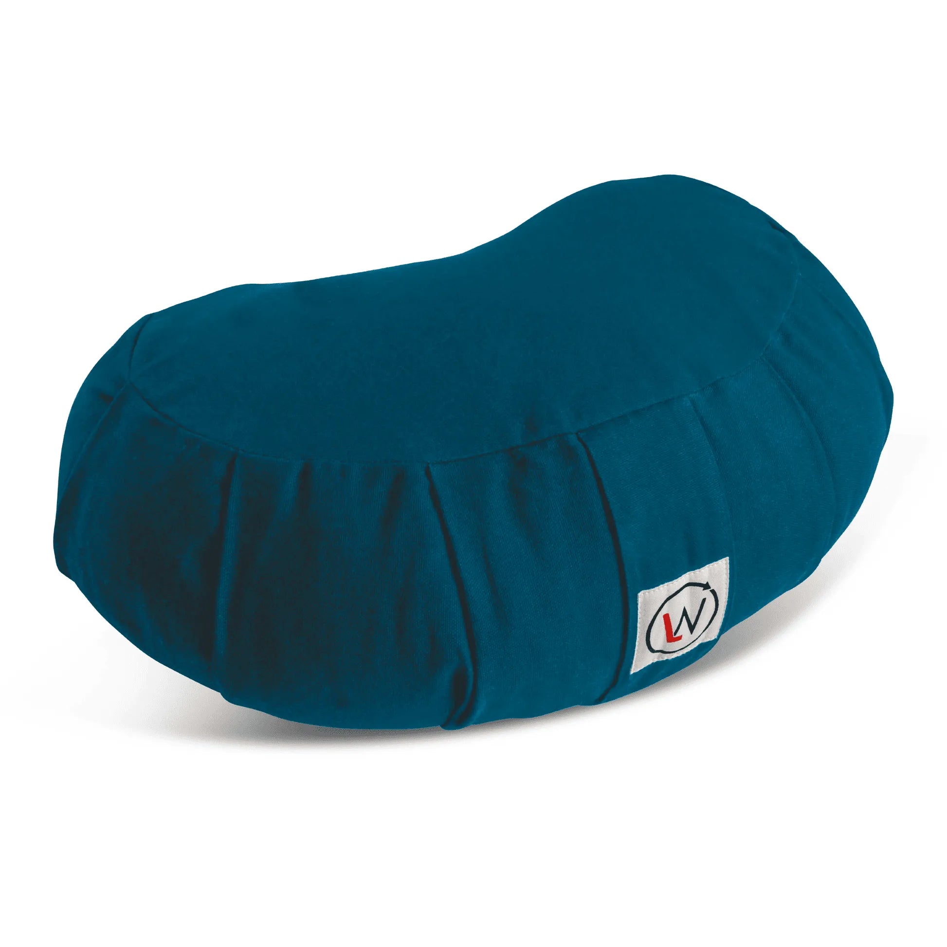 Teal bean bag pouf viewed from the side with stitched panels and label.