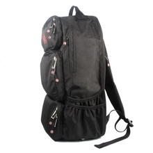 Black multi-pocket backpack with side and front zip compartments.