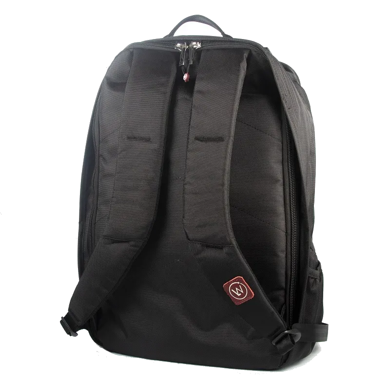 Back view of black backpack with padded straps and top handle.