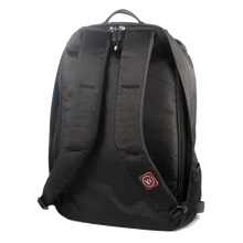 Back view of black backpack with padded straps and top handle.