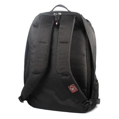 Back view of black backpack with padded straps and top handle.