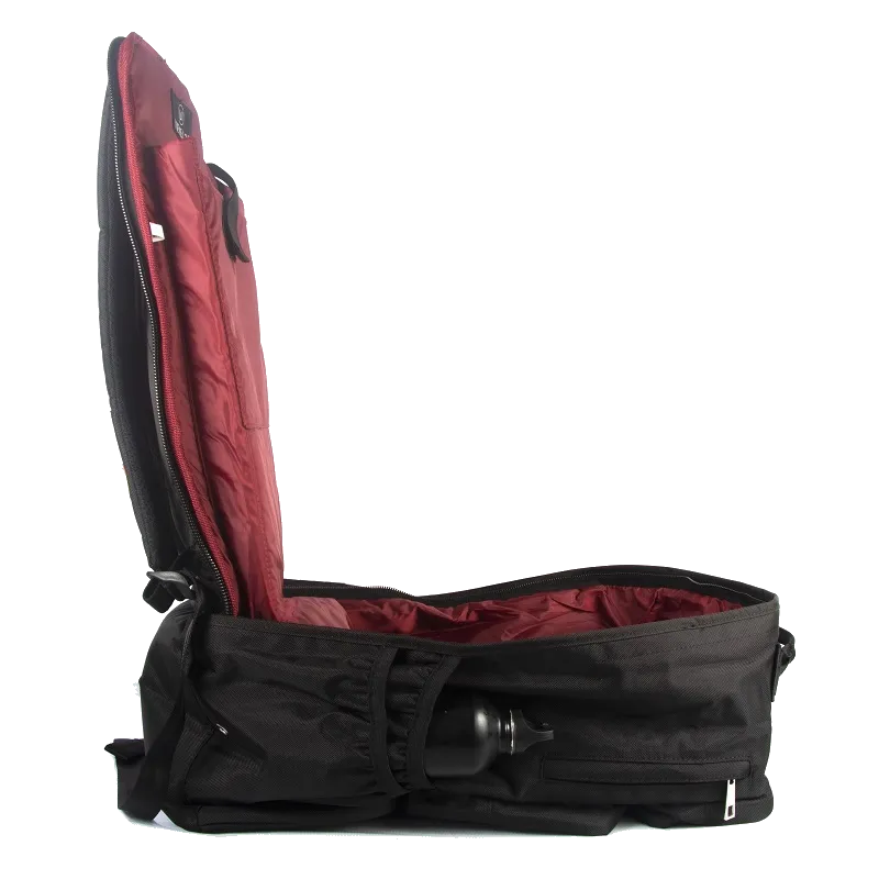 Open black backpack with red padded interior and water bottle holder.