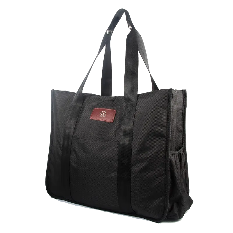 Black tote bag with dual handles and side pocket.