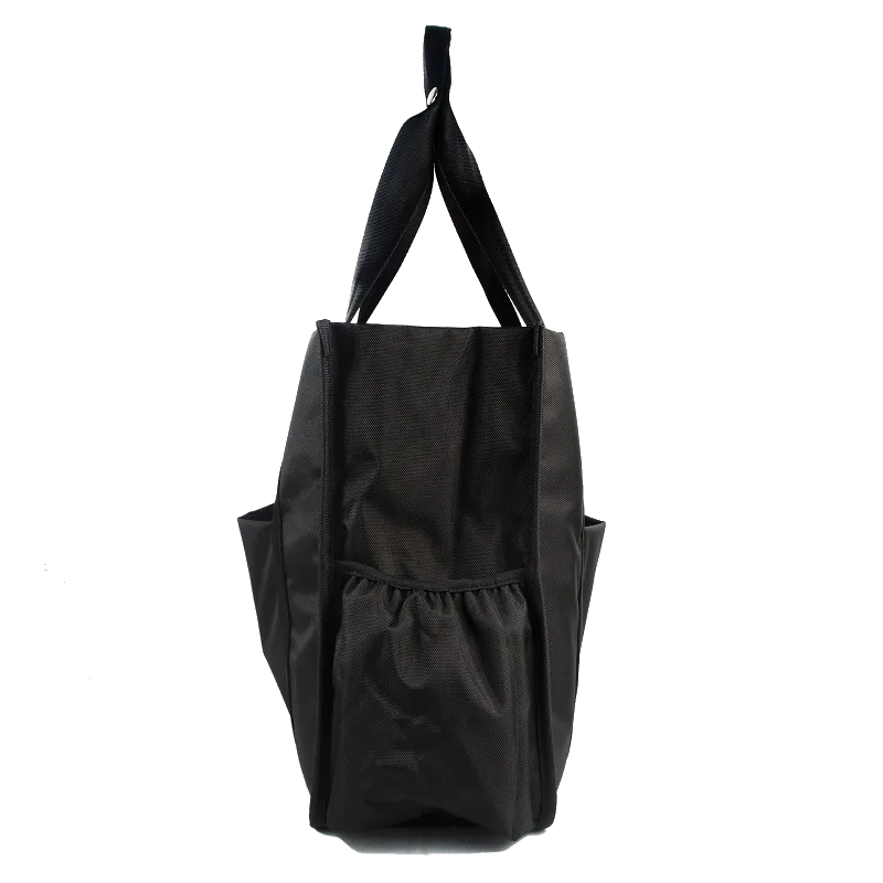 Black tote bag with side pockets and double handles
