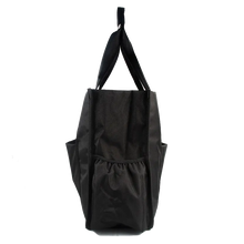 Black tote bag with side pockets and double handles