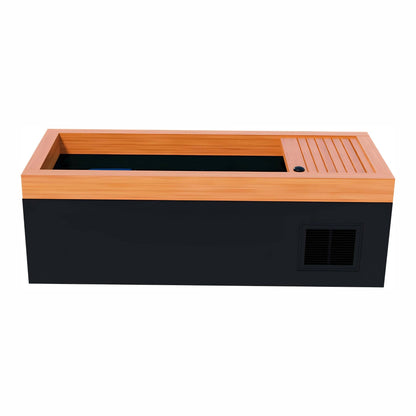 A modern black and wood sauna design featuring a rectangular shape with a wooden top and a slatted section, showcasing ventilation on the side.