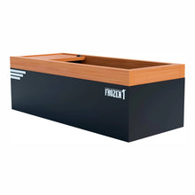 A large, black and wooden chest freezer with a lid, featuring a design that includes the text FROZEN 1 on the front and horizontal stripes on the side.