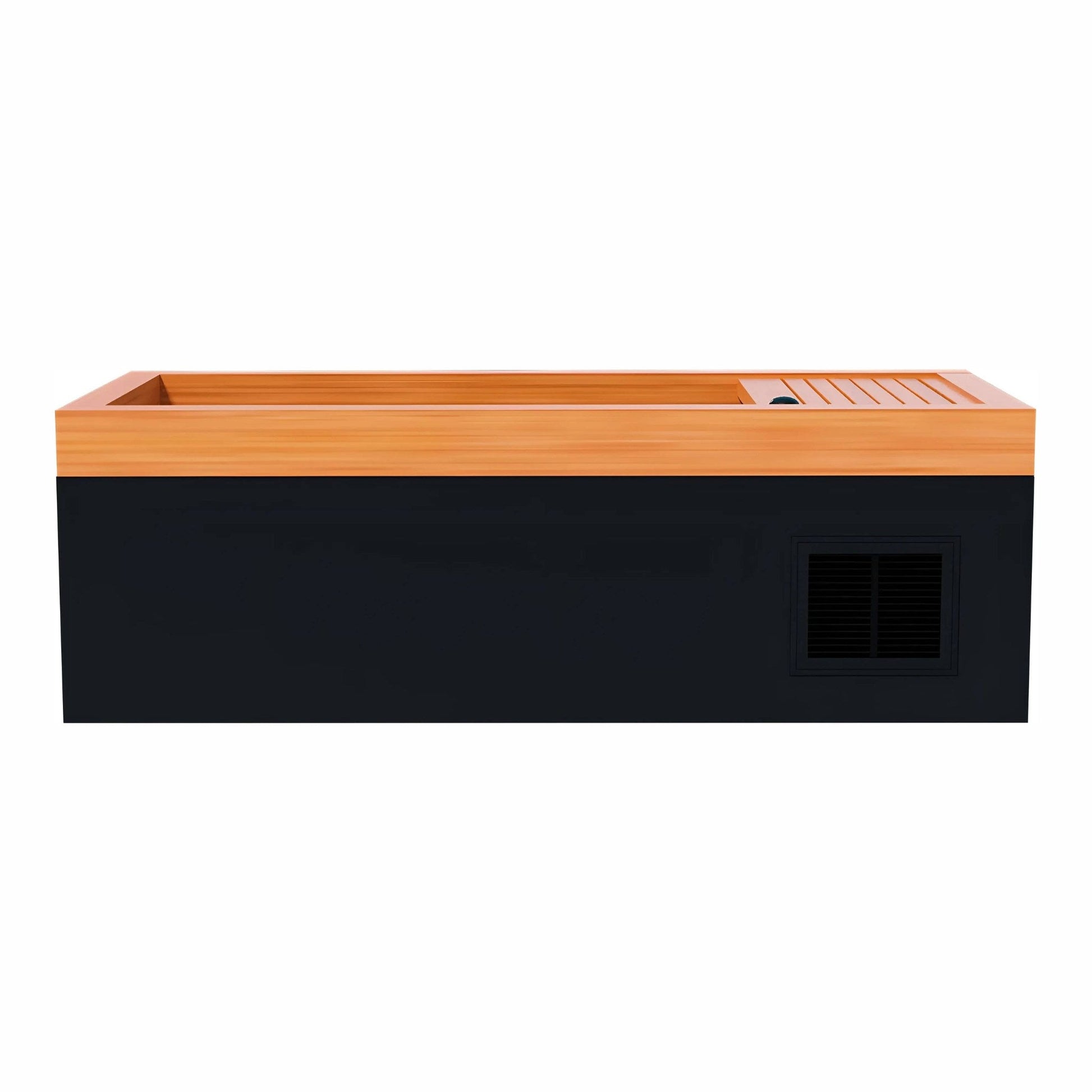 Modern black and wooden hot tub with a sleek design, featuring a wooden top and side vent.