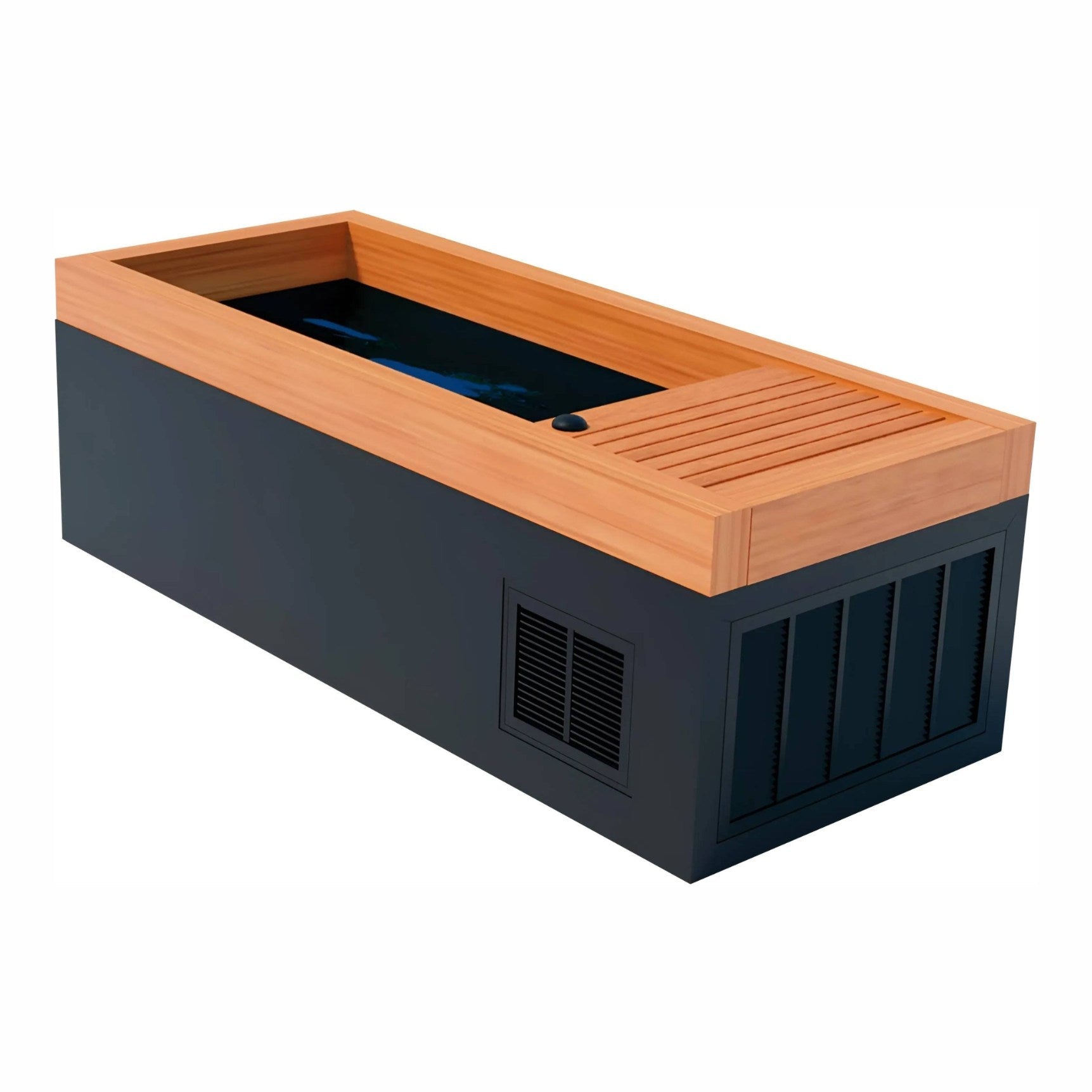 Modern rectangular hot tub with a wooden top and black base, featuring a water surface and ventilation grille.