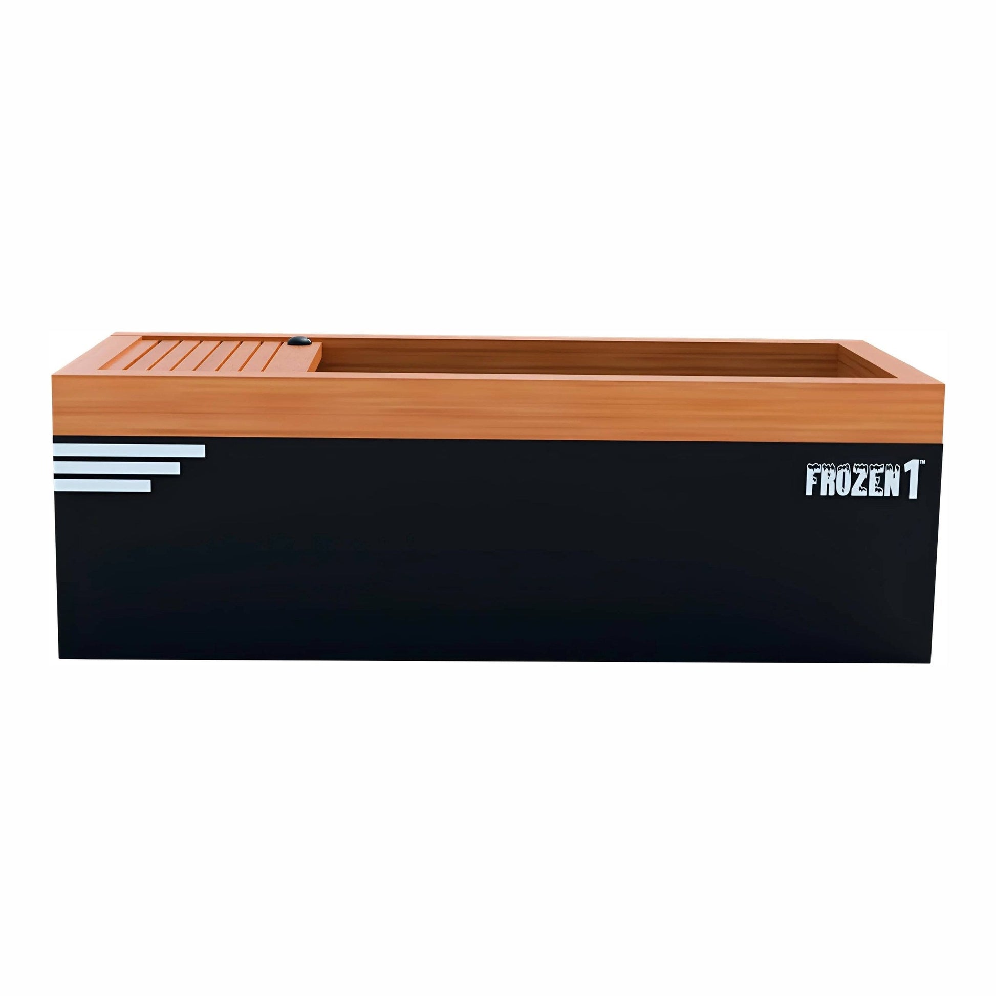 A black and wooden cooler with a slatted lid, featuring a design inspired by Disney's Frozen 1, showcasing the title FROZEN 1 on the front.