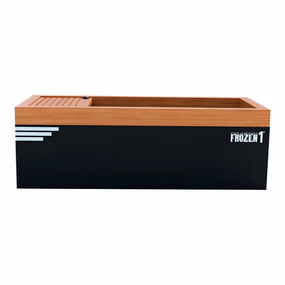A black and wooden cooler with a slatted lid, featuring a design inspired by Disney's Frozen 1, showcasing the title FROZEN 1 on the front.