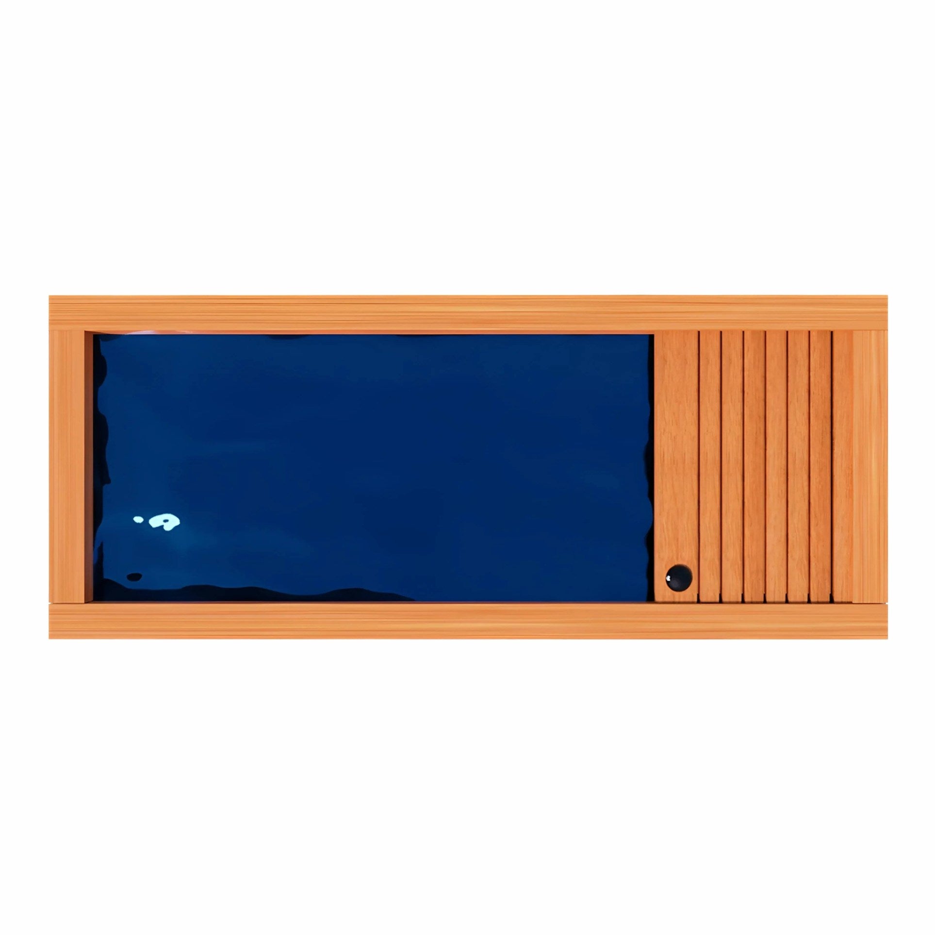 A top-down view of a modern swimming pool with a wooden frame and slatted paneling on one side, featuring deep blue water.