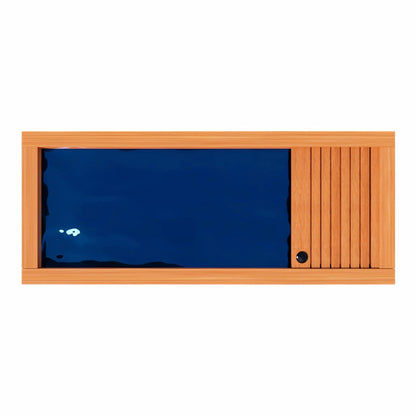 A top-down view of a modern swimming pool with a wooden frame and slatted paneling on one side, featuring deep blue water.