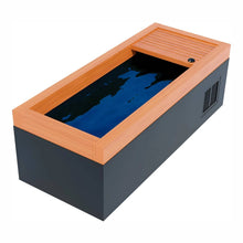 A modern rectangular hot tub with a wooden top and dark base, featuring a water surface reflecting light.