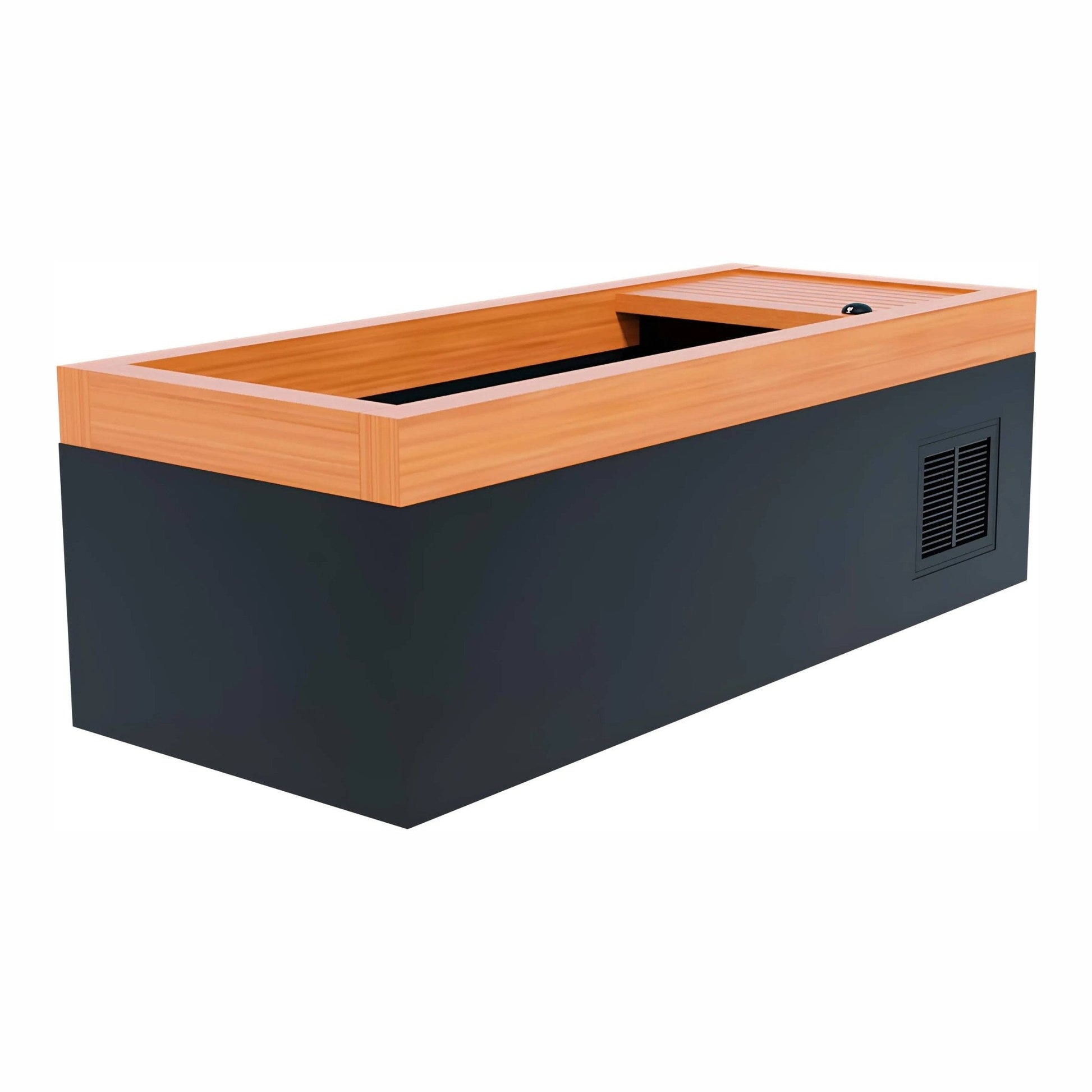 Modern black and wood hot tub with a rectangular design and a side ventilation grill.