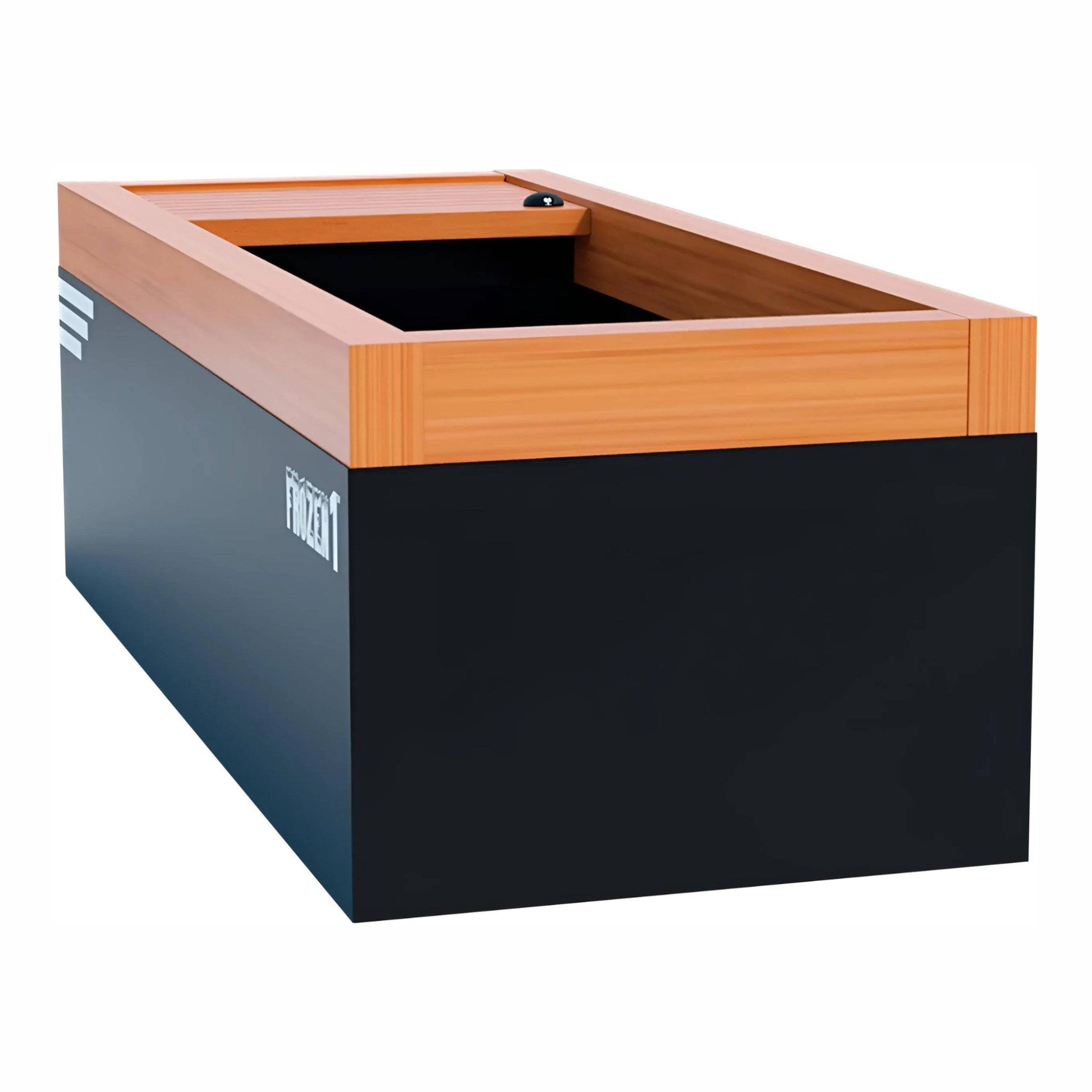 A modern black and wooden cooler with a sliding top, designed for outdoor use, showcasing a sleek and functional design.