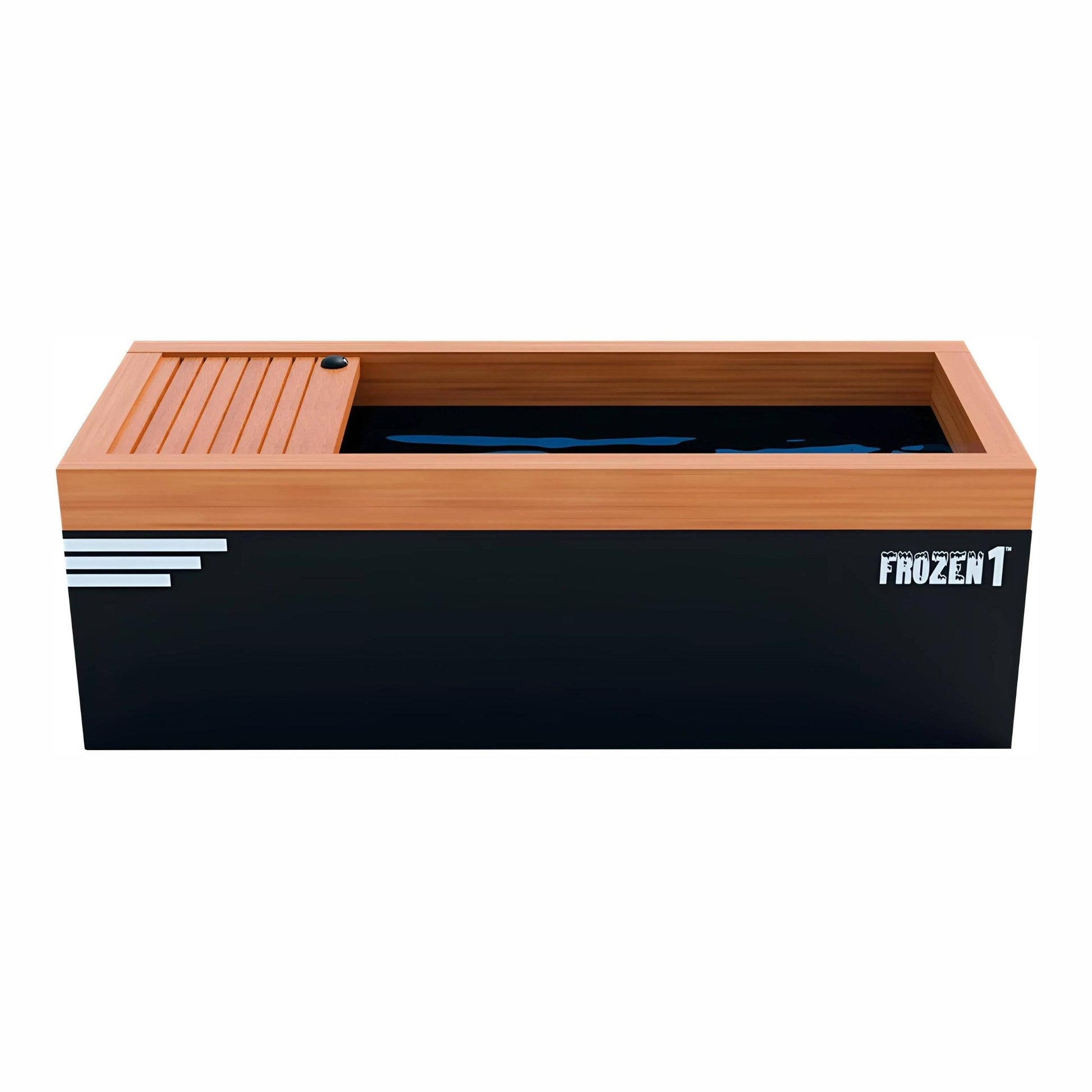 A black rectangular hot tub with a wooden lid on one side, featuring the word FROZEN in a stylized font on the front.