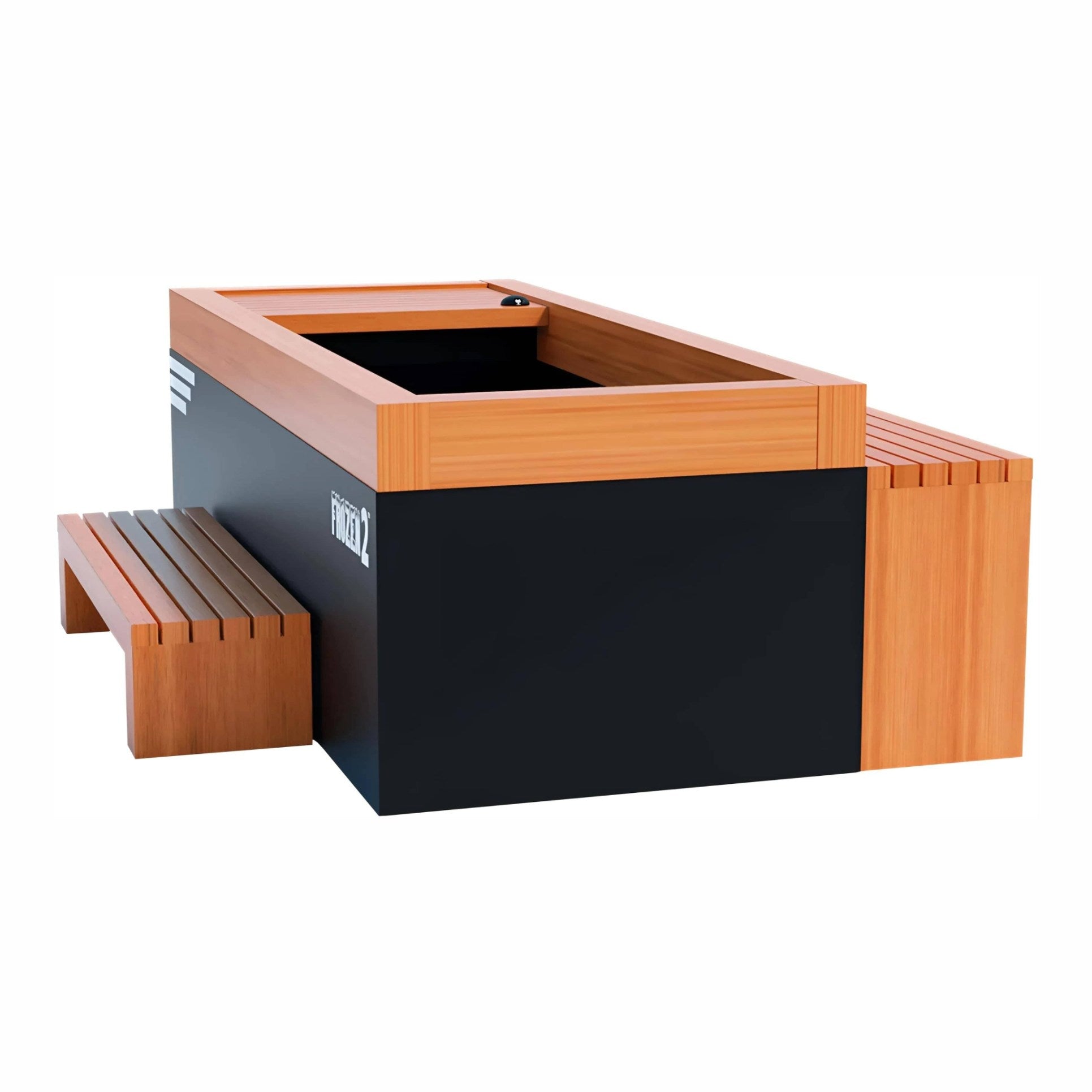 A modern black and wooden outdoor bench with a built-in planter, featuring a sleek design and a removable top for easy access.