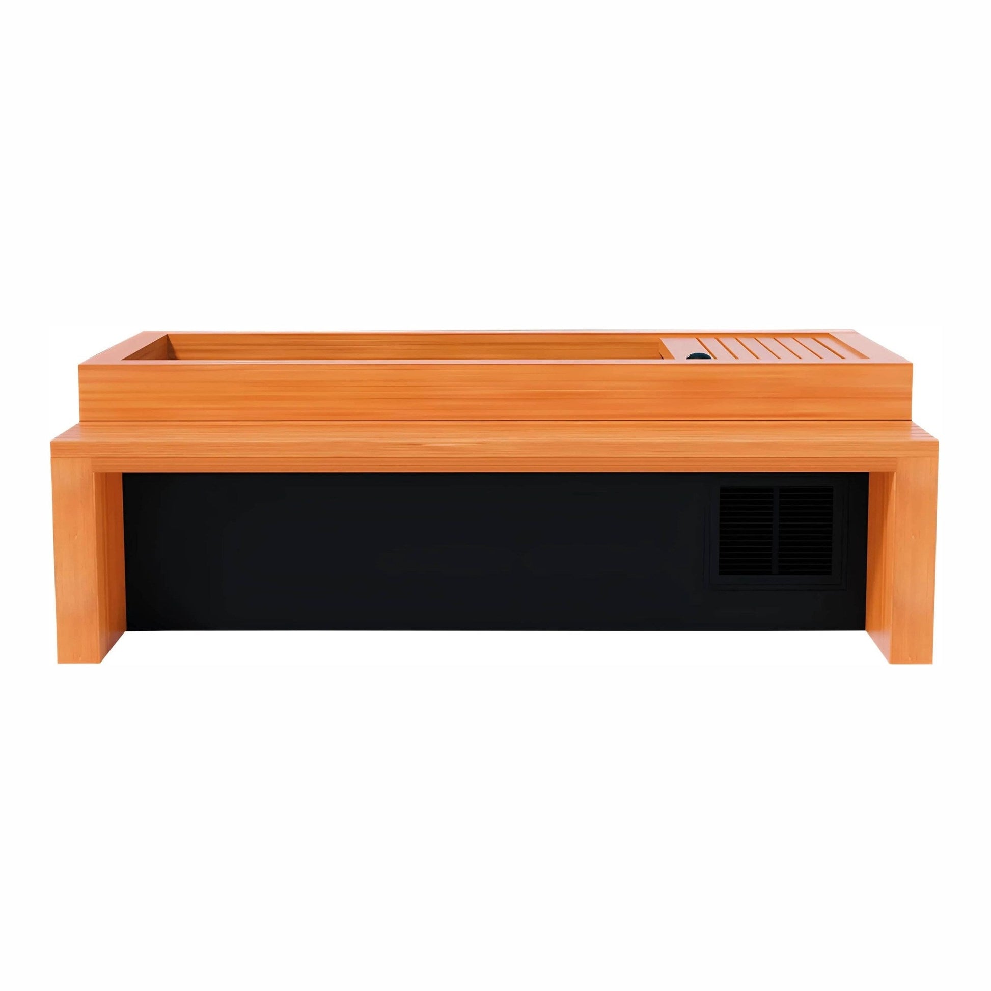Modern wooden bench with a rectangular top and a sleek black base, designed for outdoor or indoor use.