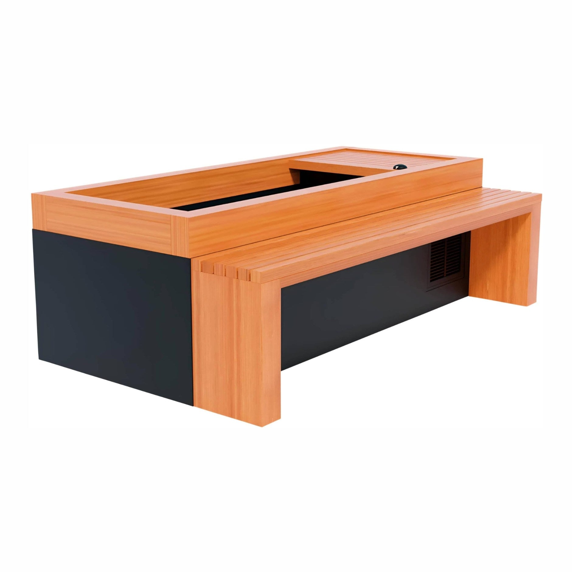 Modern wooden coffee table featuring a sleek design with a light wood top and a contrasting dark base, incorporating a built-in storage compartment.