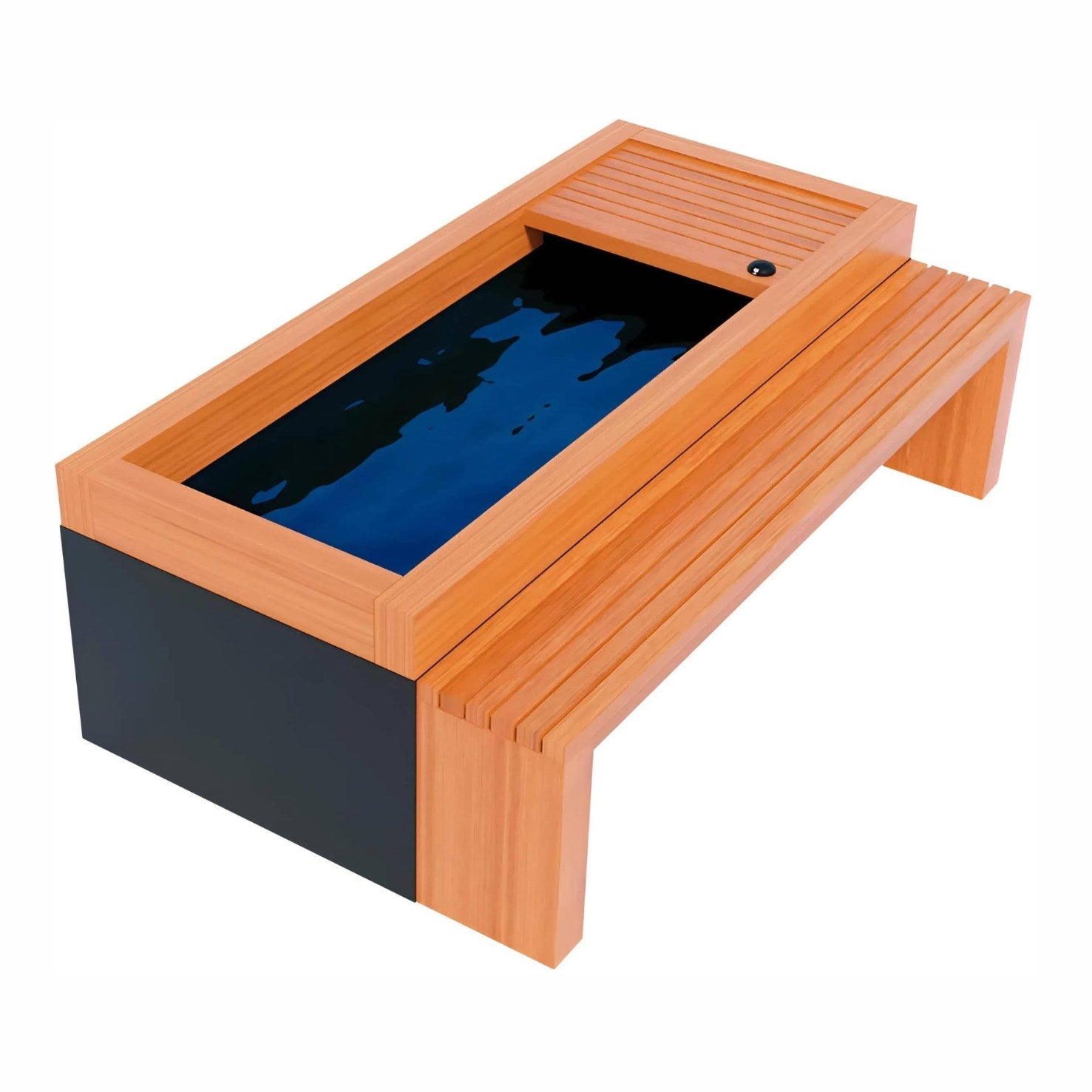 Modern wooden coffee table with a rectangular water feature, featuring a sleek black base and slatted wooden surface.