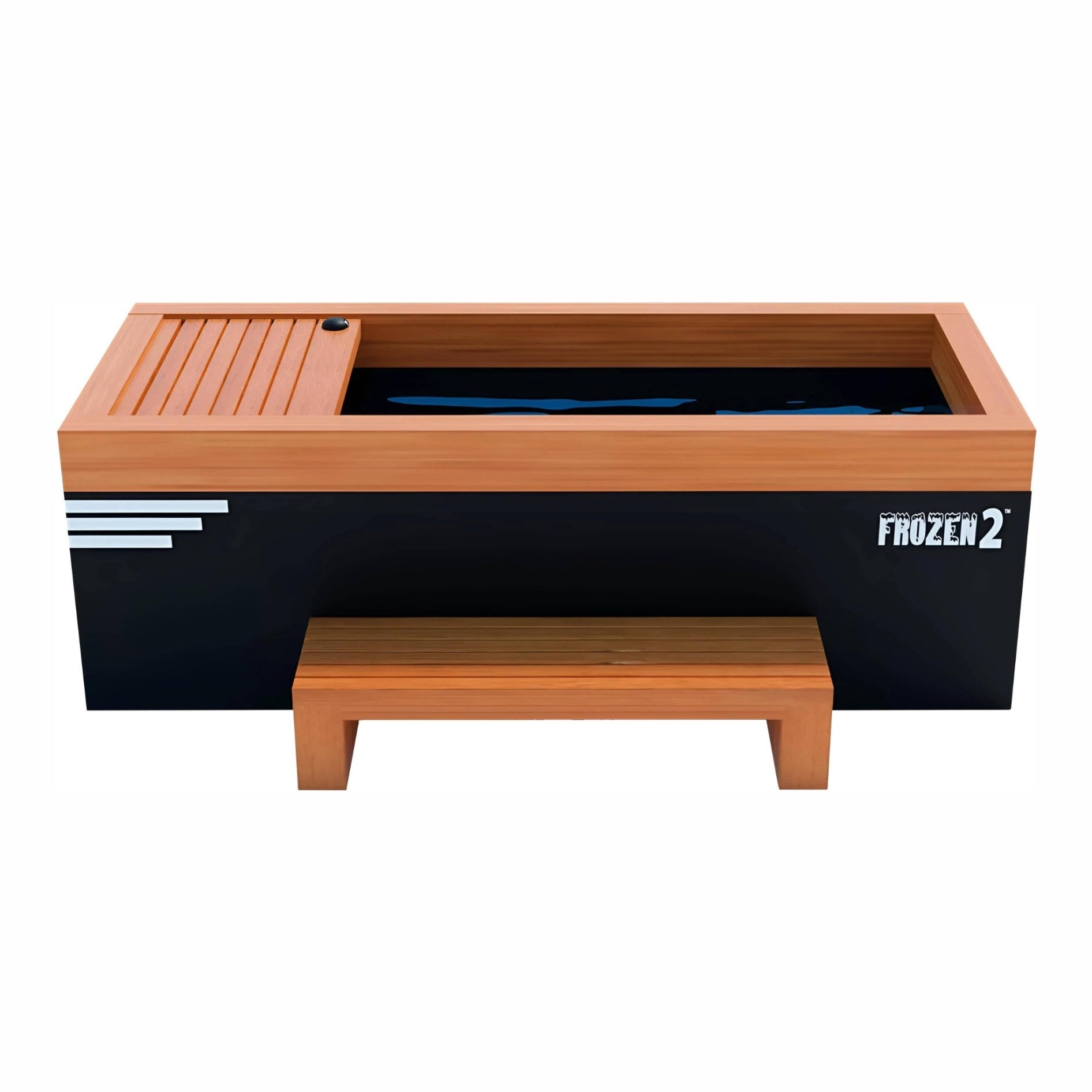 A black wooden water table with a light wood top and a small bench, featuring the logo of 'Frozen 2' on the side.