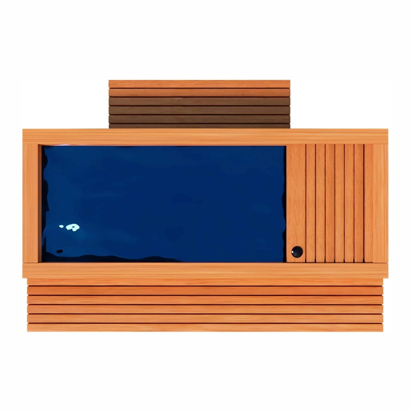 A modern wooden hot tub with a sleek design, featuring a dark blue water surface and horizontal slats on the sides.