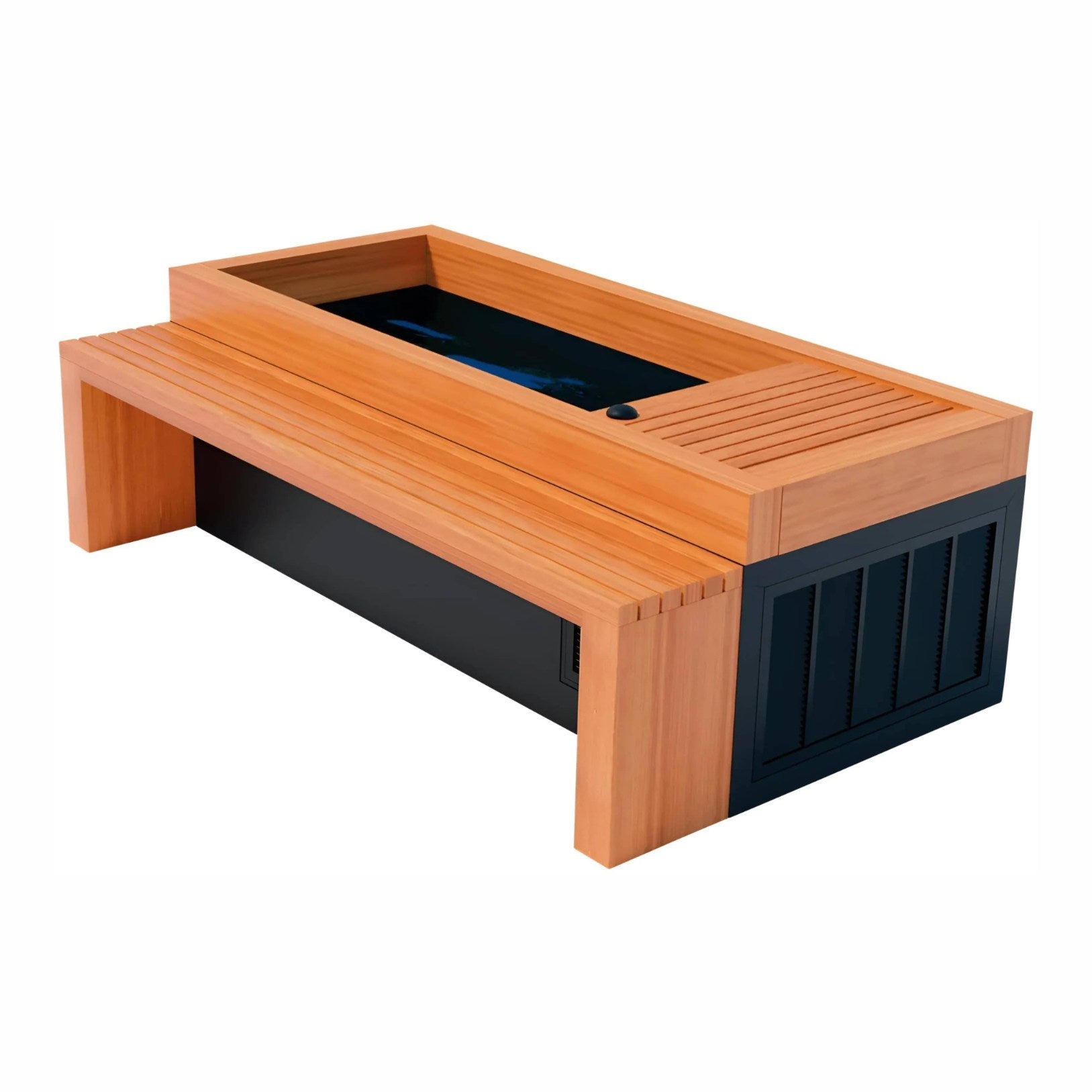 Modern rectangular fire pit table with a wooden top and black base, featuring a shallow reservoir for flames and a sleek design suitable for outdoor settings.