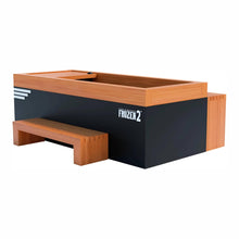 Wooden bench and black storage box featuring the logo of Frozen 2, designed for children's play or storage.
