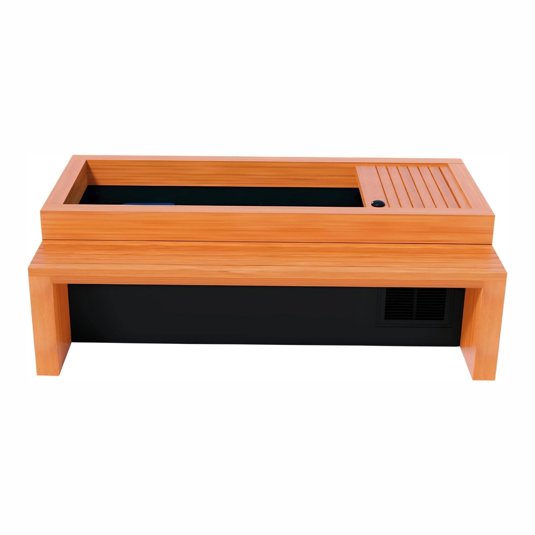 A wooden outdoor hot tub with a sleek design featuring a light wood finish and a black base, showcasing a slatted top for ventilation and a recessed area for water.