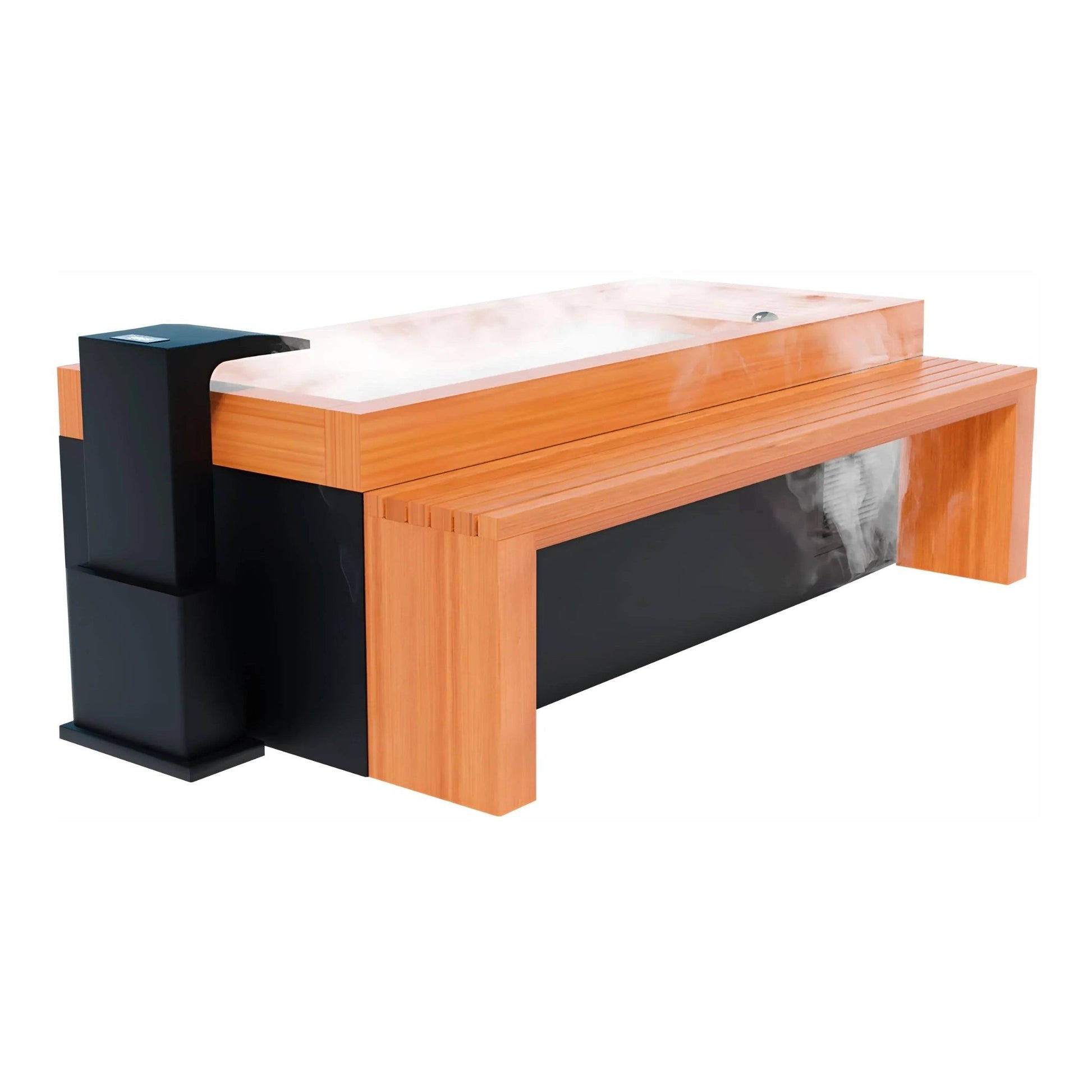 A modern hot tub with a wooden exterior and a sleek black base, featuring steam rising from the surface. There is a matching wooden bench adjacent to the hot tub, creating a stylish and inviting outdoor relaxation space.