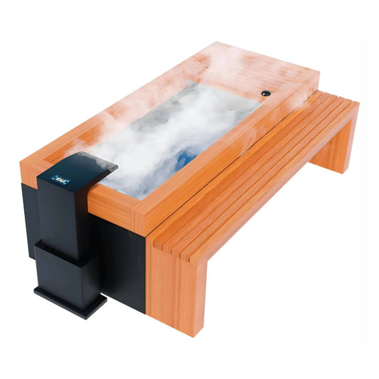 A modern wooden hot tub with steam rising from the water, featuring a sleek black control panel on the side.