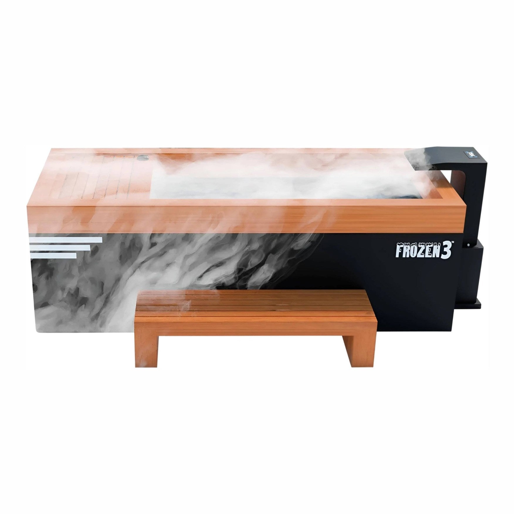 A modern frozen sauna with steam rising, featuring a wooden top and a sleek black base, labeled FROZEN 3, alongside a small wooden bench.