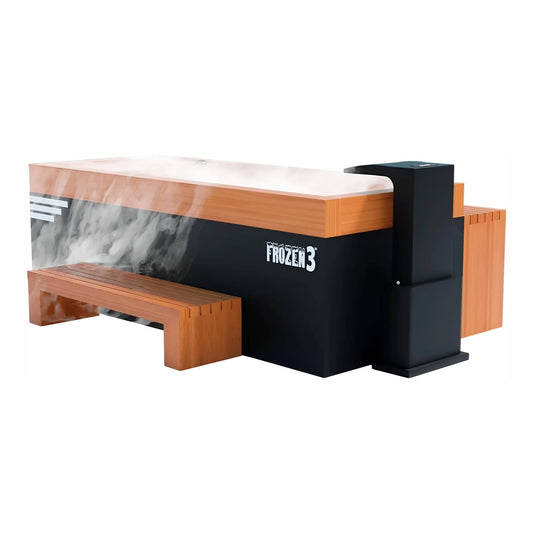 A modern ice cream bar featuring a sleek design with a wooden countertop and bench, adorned with a Frozen 3 logo, and emitting wisps of steam for a whimsical touch.