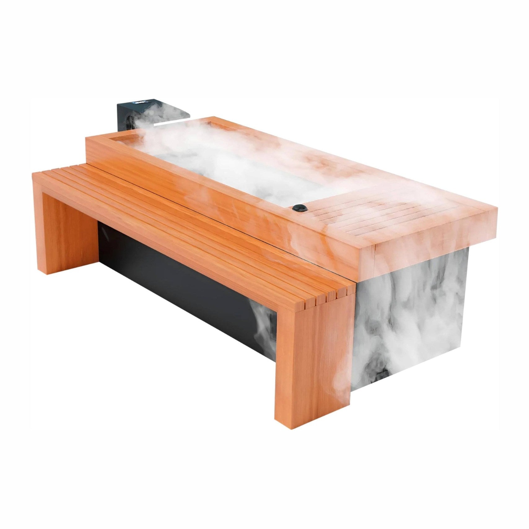 A modern wooden sauna with a sleek design, featuring a steam-filled interior and a smooth, minimalist finish.